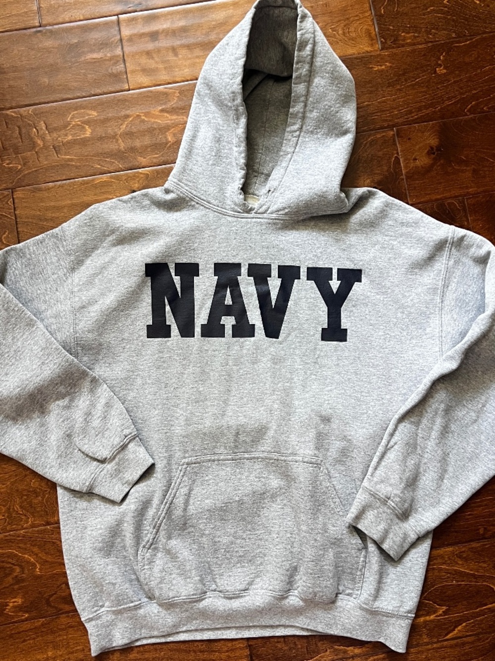 Gildan Blue Navy Logo Heather Gray Hooded Sweatshirt Large
